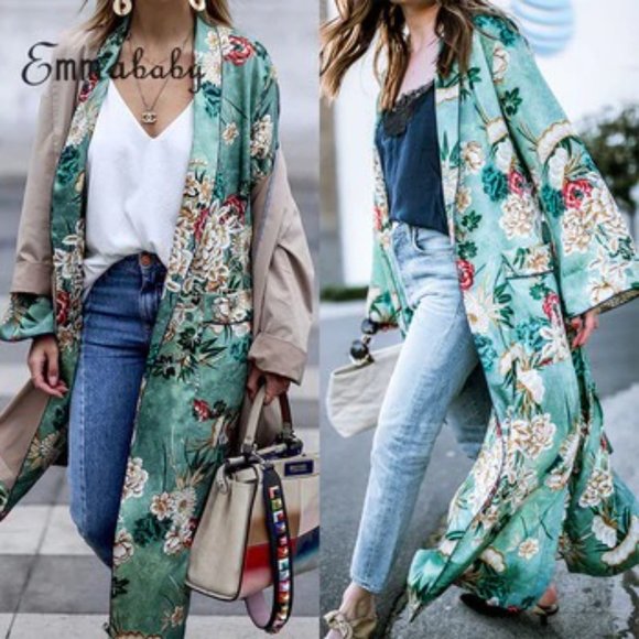 Floral Green Print Long Kimono Jacket Coat Women's - Picture 8 of 16